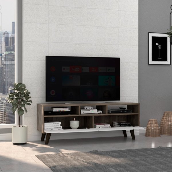 Oslo Tv Stand for TV's up 51 in. Two Drawers, Four Legs, Three Open Shelves, Dark Brown/White